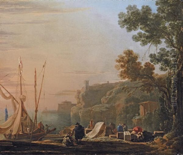 A Mediterranean Coastal Inlet With Merchants Unloading Boats, A Temple Beyond Oil Painting by Jan Asselijn