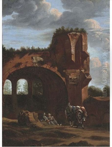 An Italianate Landscape With Travellers At Rest By A Classical Arch Oil Painting by Jan Asselijn