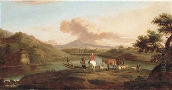 An Extensive Italianate River Landscape With Herdsmen On A Bank And A Man Fishing By A Dwelling Oil Painting by Jan Asselijn