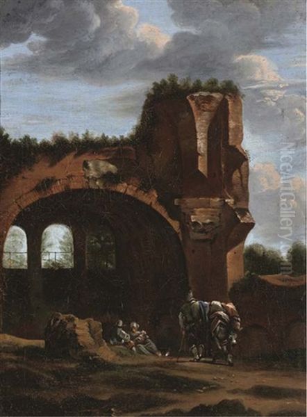 An Italianate Landscape With Travellers At Rest By A Classical Arch Oil Painting by Jan Asselijn