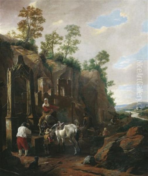 Reisende Bei Der Rast An Einer Alten Ruine. Rechts Blick In Ein Flustal Oil Painting by Jan Asselijn