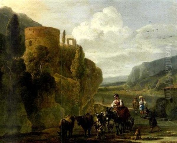 Paysans Et Leur Troupeau Dans La Campagne Romaine Avec Un Moulin A Eau Oil Painting by Jan Asselijn