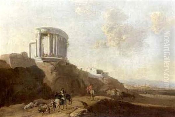 An Italianate Landscape With A Temple Ruin And Horsemen by Jan Asselijn