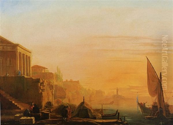 Port Mediterraneen Surplombe Par Un Temple Antique Au Soleil Couchant Oil Painting by Jan Asselijn