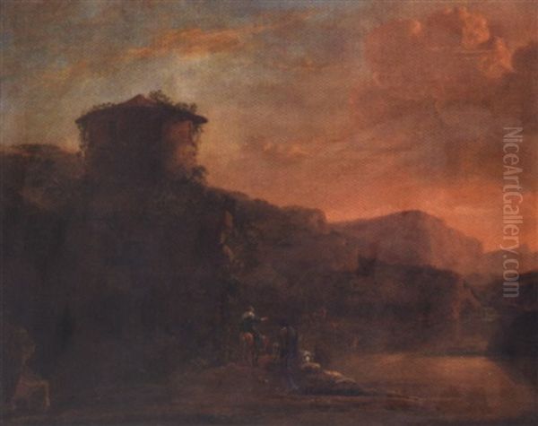 An Italianate Landscape With Travellers And Cattle Crossing A River At Sunset Oil Painting by Jan Asselijn