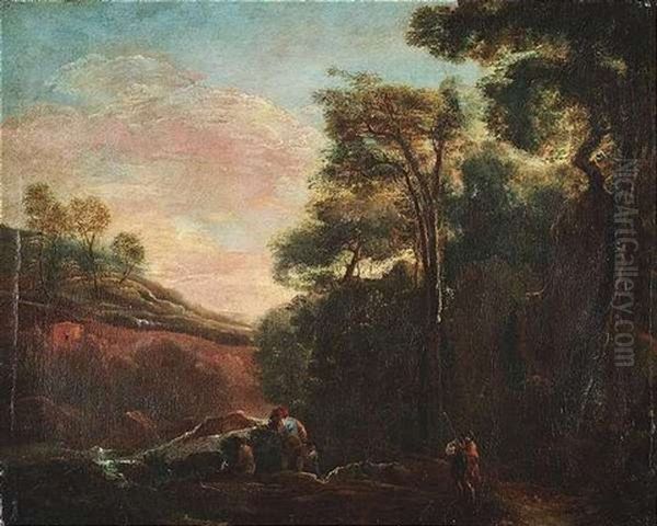 Italianisierende Gebirglandschaft In Abdenstimmung Mit Schafern In Einem Flustal Oil Painting by Jan Asselijn