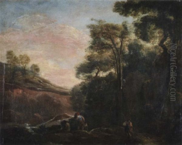 Italianisierende Gebirgslandschaft In Abendstimmung Mit Schafern In Einem Flustal Oil Painting by Jan Asselijn