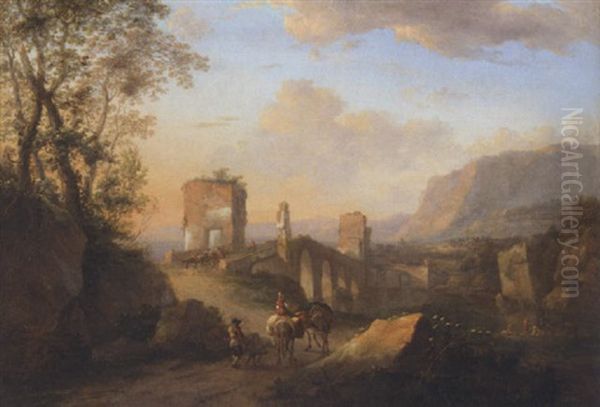 A View Of The Ponte Molle With Drovers And Donkeys On A Road Oil Painting by Jan Asselijn