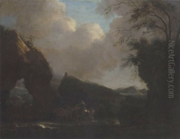 A Southern Landscape With Drovers And Animals Crossing A Stream Near A Rocky Arch Oil Painting by Jan Asselijn