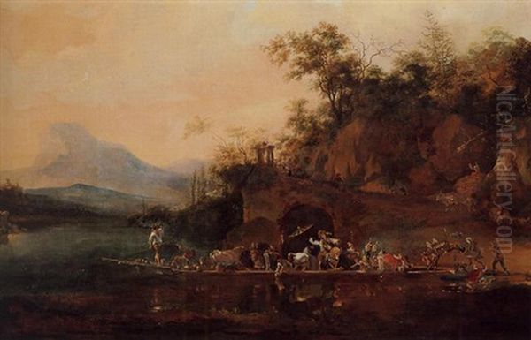 An Extensive River Landscape With A Ferry Being Punted Across A River Oil Painting by Jan Asselijn