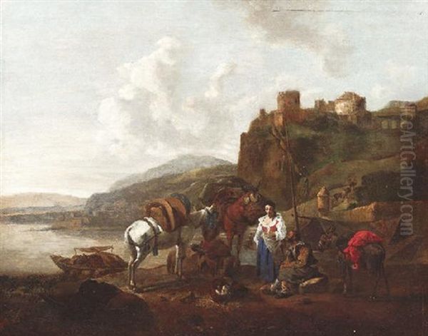 Rastende Reisende Mit Maultieren Auf Dem Weg Zu Einer Burganlage Oil Painting by Jan Asselijn