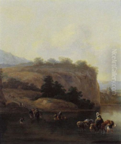 An Italianate Landscape With Muleteers Crossing A River Oil Painting by Jan Asselijn