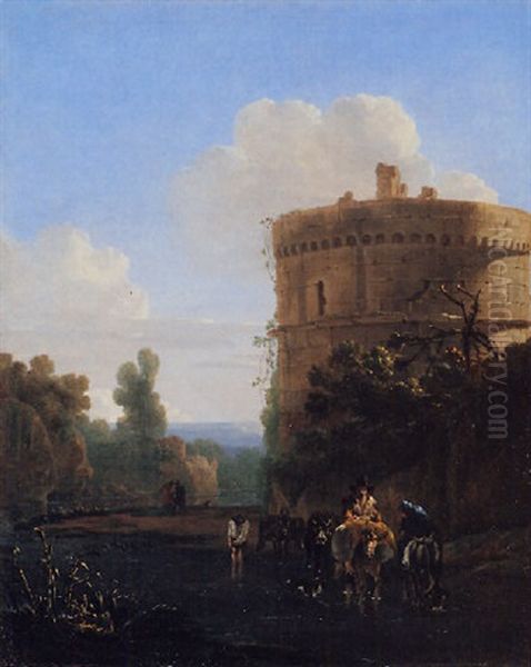 An Italianate Landscape With Travellers Fording A River Oil Painting by Jan Asselijn