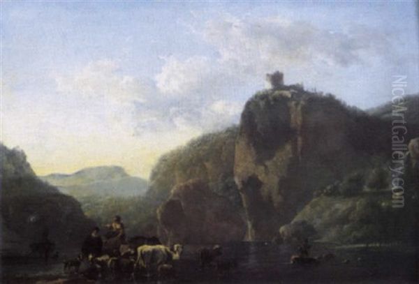 A Mountainous Landscape With Peasants And Their Livestock Crossing A River Oil Painting by Jan Asselijn