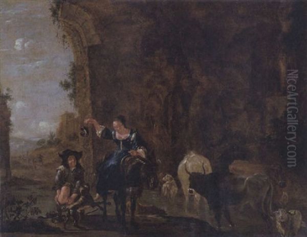 Herdsman With Animals In A Landscape Oil Painting by Jan Asselijn