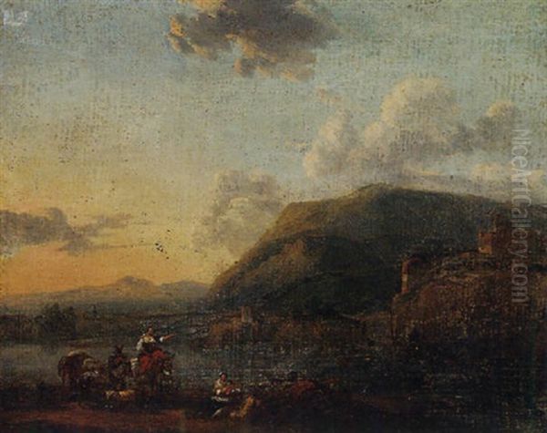 A Mountain Landscape With Figures And Donkeys At A River Oil Painting by Jan Asselijn