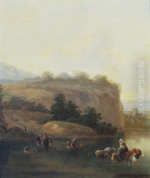 An Italianate Landscape With Muleteers Crossing A River Oil Painting by Jan Asselijn