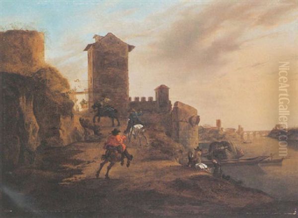 An Italianate Landscape With Horseriders Entering The Torre Lazzaroni, With A View Of The Castel Sant'angelo In The Background Oil Painting by Jan Asselijn