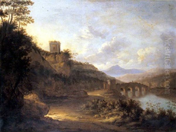 Paysage Fluvial De La Campagne Italienne Au Pont Oil Painting by Jan Asselijn