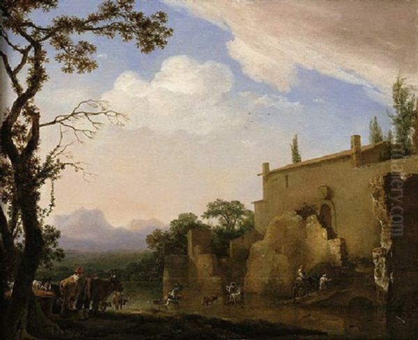 An Italianate Landscape With Peasants And Animals Fording A River Oil Painting by Jan Asselijn