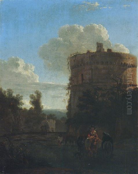 A Hermit On A Donkey And A Man Riding A Horse, Crossing A Ford With Cattle, A Town Beyond Oil Painting by Jan Asselijn