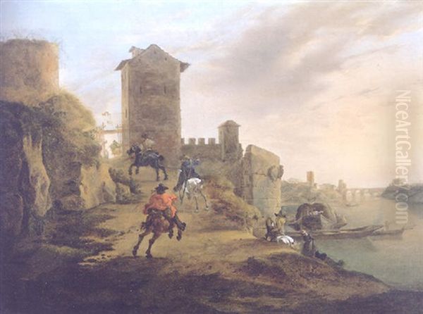 A River Landscape With Horseman Approaching The Walls Of A Town Oil Painting by Jan Asselijn