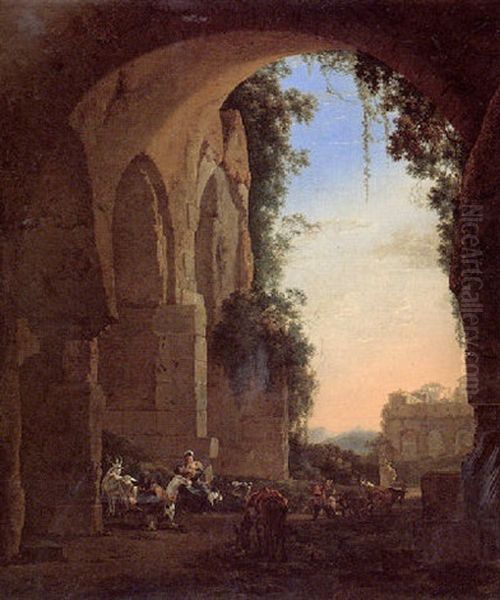 Southern Landscape With Peasants Beneath A Ruined Arch At Dusk Oil Painting by Jan Asselijn