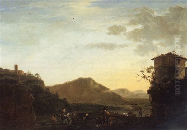 An Italianate Landscape With Herders Watering Their Animals At Sunset In A River By A Ruined Tower Oil Painting by Jan Asselijn