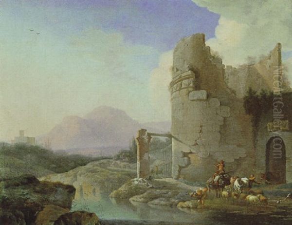 Sudliche Gebirgige Fluslandschaft Mit Turmruine Und Hirten Oil Painting by Jan Asselijn