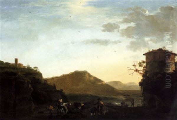 An Italianate Landscape With Herders Watering Their Animals At Sunset In A River By A Ruined Tower Oil Painting by Jan Asselijn