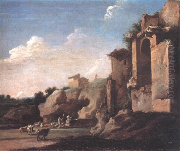 A Rocky Landscape With Cattle And Herdsmen Resting Beneath Antique Ruins Oil Painting by Jan Asselijn