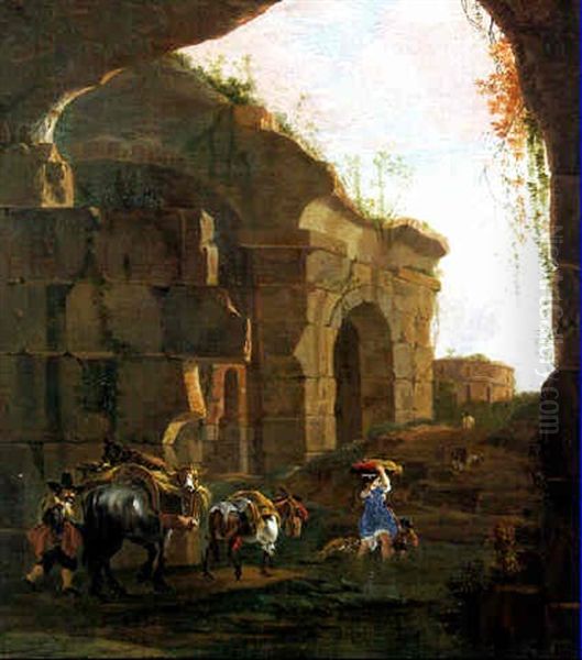 Peasants Returning From Market Among Classical Ruins Oil Painting by Jan Asselijn