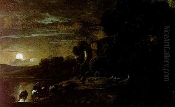 Moonlit Landscape With Herdes And Their Flock Crossing A River Oil Painting by Jan Asselijn