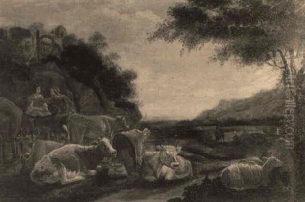 Figures And Farm Animals In A Landscape With Classical Ruins Oil Painting by Jan Asselijn