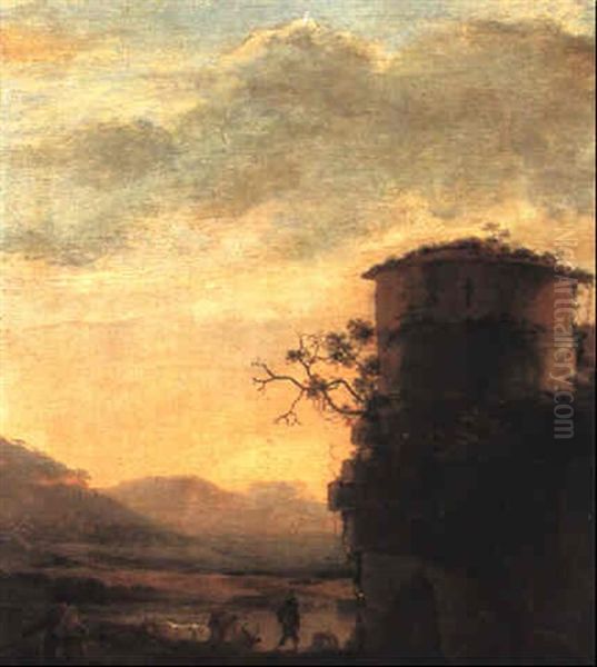 Italienisierende Landschaft Mit Rundturm Und Hirten Oil Painting by Jan Asselijn