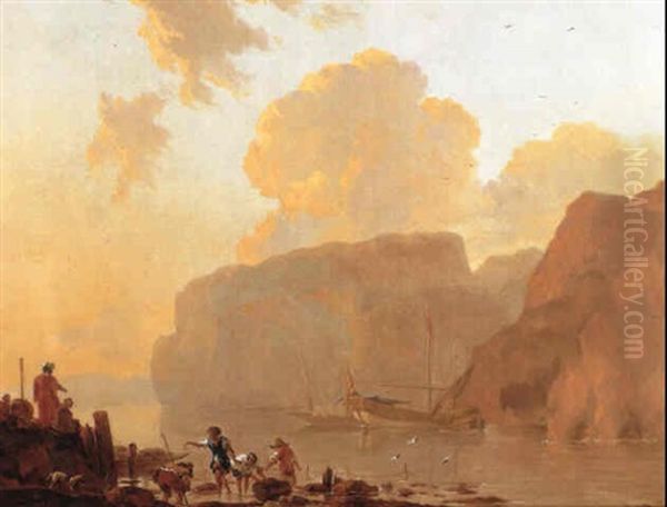 A Mediterranean Coastal Inlet At Sunset With Fishermen At The Shore Oil Painting by Jan Asselijn