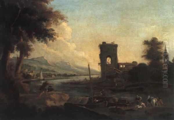 Flusslandschaft Mit Hafen Oil Painting by Jan Asselijn