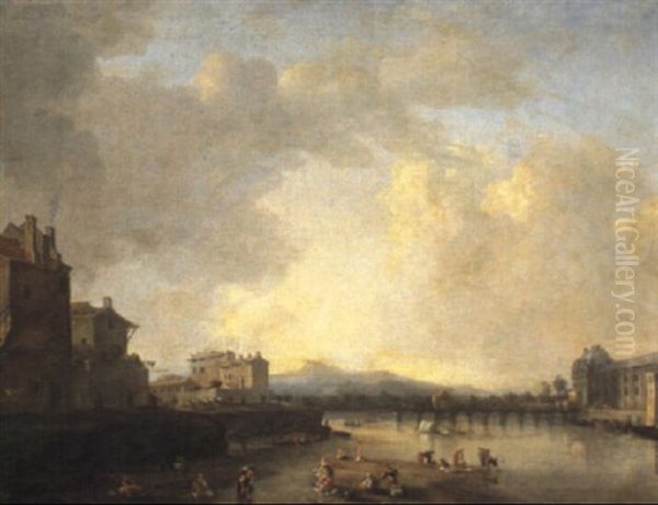 A River Landscape With Many Figures On The Shore, Old Housesto The Left And With A Palace On The Far Bank Oil Painting by Jan Asselijn