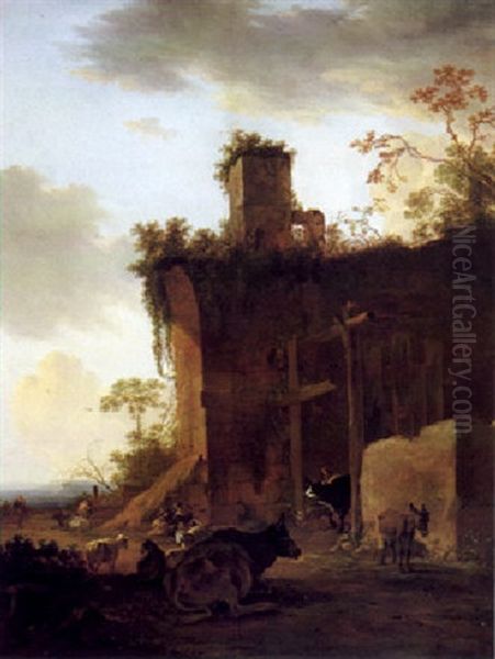 Italianate Landscape With Drovers, Cattle And Sheep Beside  Ruins Oil Painting by Jan Asselijn