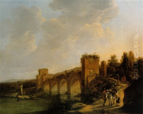 An Italian Landscape With An Ancient Bridge A River With    Boats Figures And A Donkey In The Foreground by Jan Asselijn