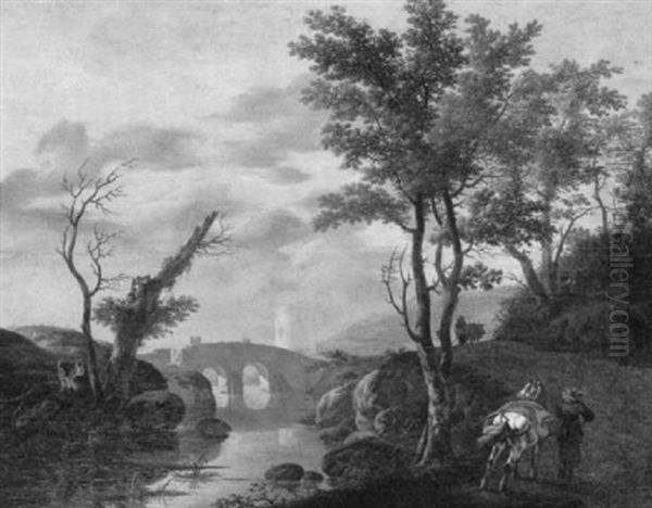 A Traveller And His Horse On A Path By A River In An        Italianate Landscape Oil Painting by Jan Asselijn