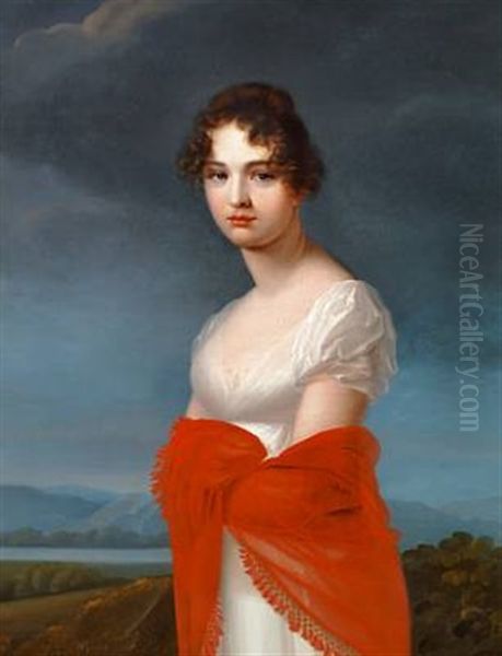 Portrait Of Princess Ekaterina Vasilyevna Saltykova In A White Dress And Red Shawl Oil Painting by Jean-Francois Asselin