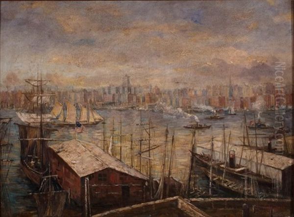 New York Skyline From Brooklyn Oil Painting by Leon Auguste Asselineau