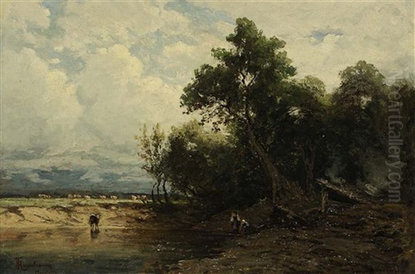 Landschaft Mit Kuhen Am Teich Und Figurenstaffage Oil Painting by Fanny Assenbaum