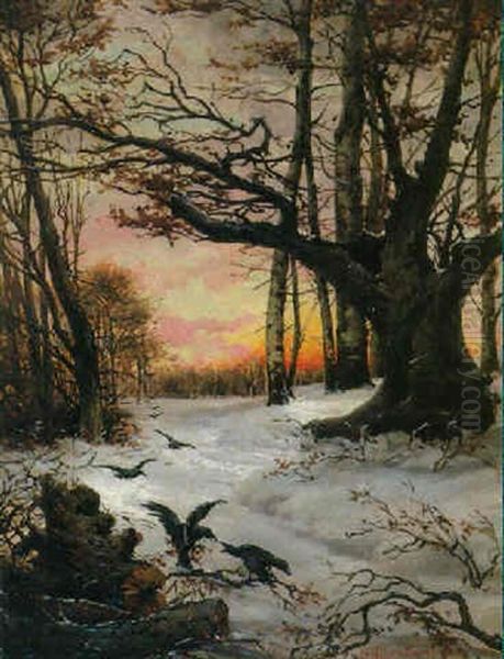 Krahen Im Winterlichen Abendlicht Oil Painting by Fanny Assenbaum