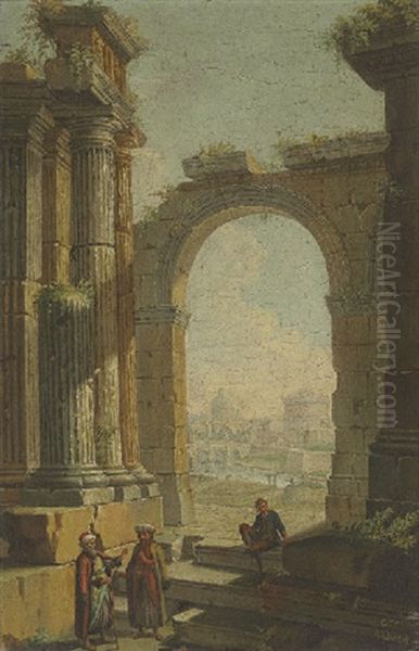 Figures In Oriental Costume Standing In Classical Ruins, The Castel Sant'angelo And Dome Of Saint Peter's Beyond Oil Painting by Gioacchino Assereto