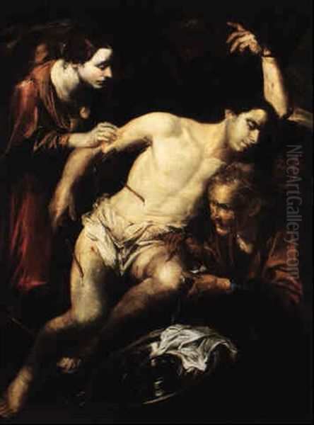 St. Sebastian Tended To By St. Irene And Her Maid Oil Painting by Gioacchino Assereto