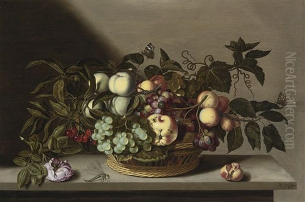 A Still Life Of Grapes, Cherries, Peaches And Other Fruit In A Basket, With A Rose And A Dragonfly On A Stone Ledge Oil Painting by Bartholomeus Assteyn