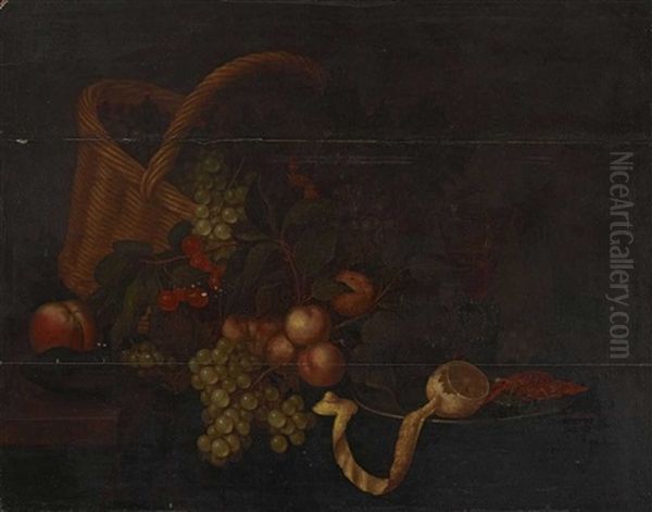 Stillleben Mit Fruchten, Korb, Einem Weinglas Und Einem Zinnteller Mit Garnelen Und Zitrone Oil Painting by Bartholomeus Assteyn