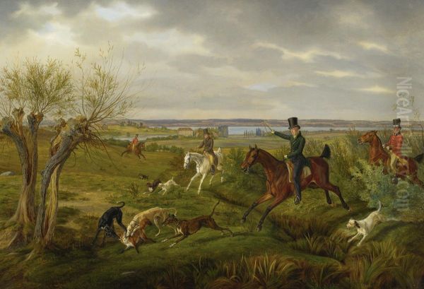 Count Halm On His Basedow Estate With Seedorf Manor And The Malachinersee In The Distance Oil Painting by Adam Albrecht